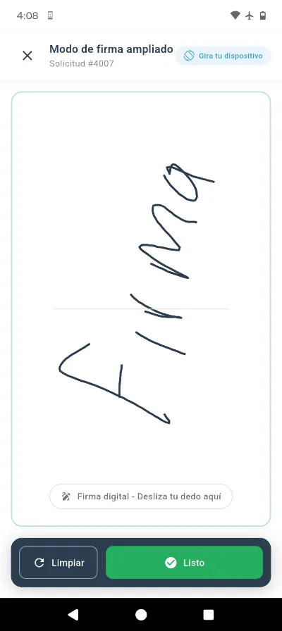 Captura de firma digital del cliente en la app Vesclo