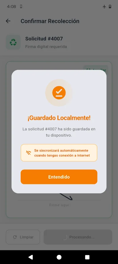 App Vesclo guardando una recolección localmente para sincronizarla cuando haya internet